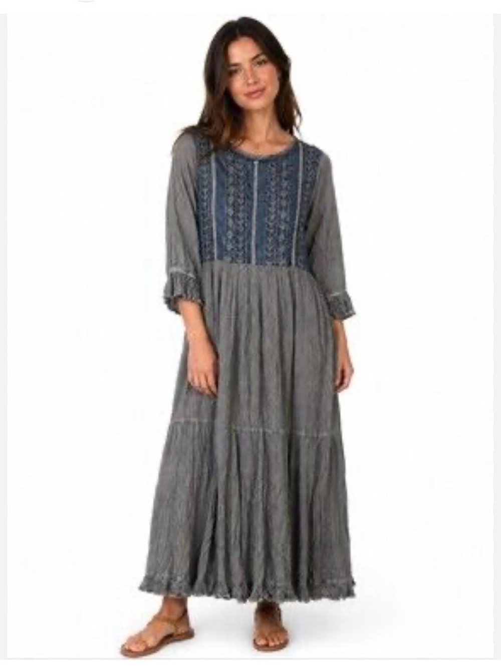 NWT: Young Threads Embroidered Bodice Boho  Ruffle 3/4 Sleeve Maxi Dress• M